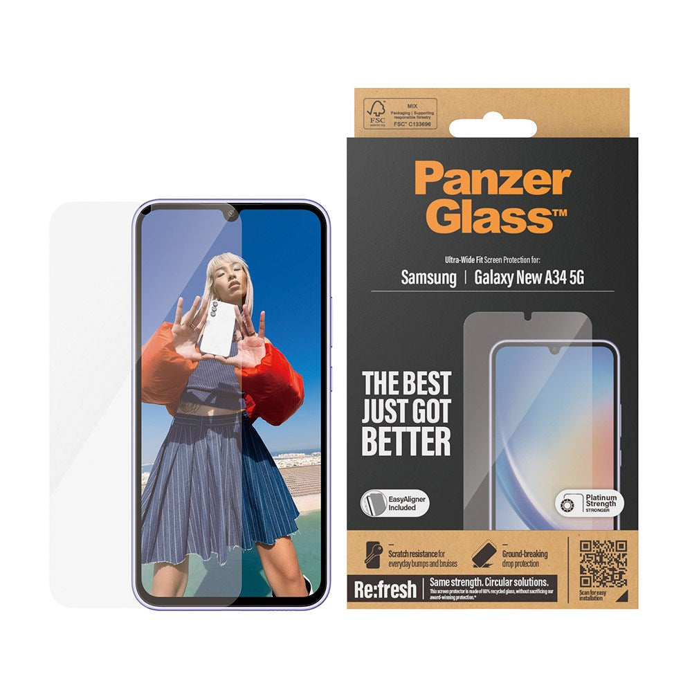 Samsung Galaxy A35 (5G) PanzerGlass Ultra Wide Fit Re:fresh Beskyttende glass m. EasyAligner - Platinum Strength - Gjennomsiktig
