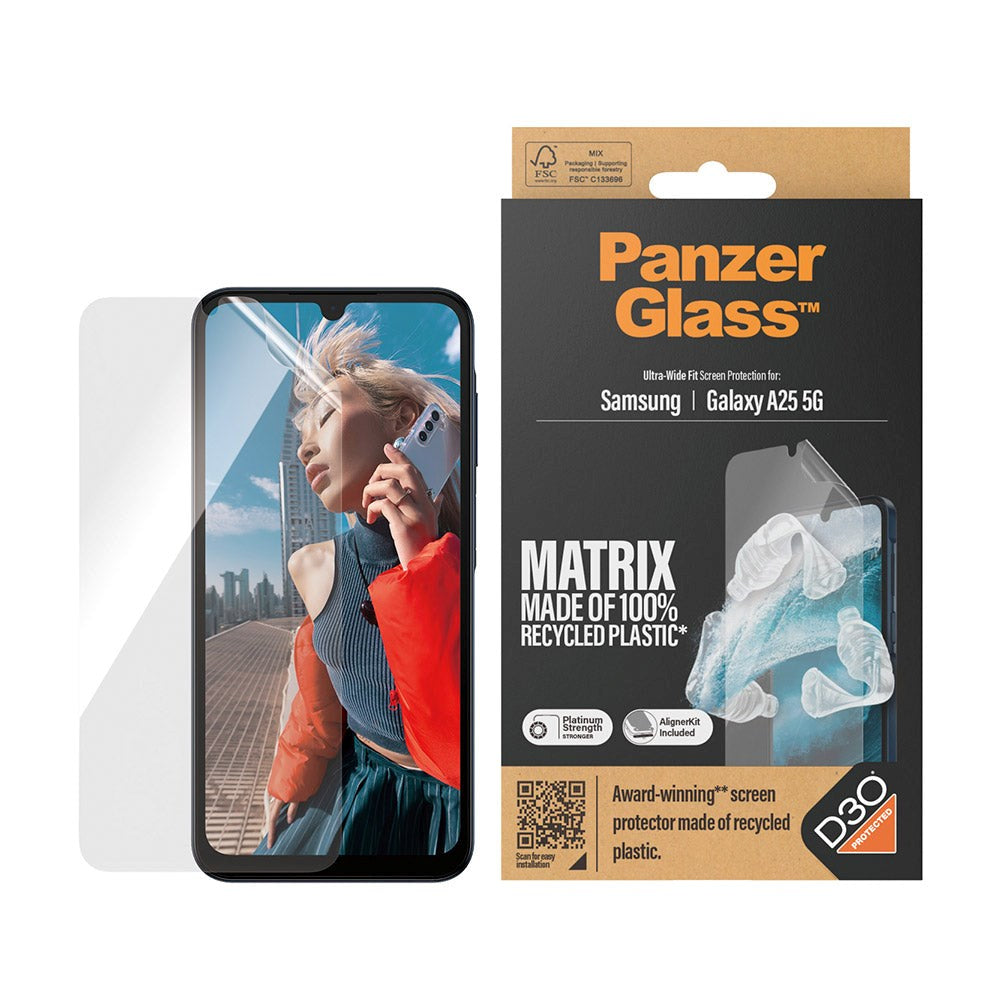 Samsung Galaxy A25 (5G) PanzerGlass Matrix AntiBacterial Ultra Wide Fit Plastic Protection - AlignerKit - Platinum Strength - Transparent