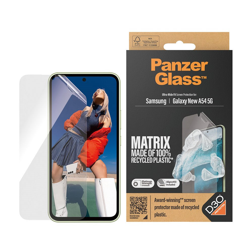 Samsung Galaxy A55 (5G) PanzerGlass Matrix AntiBacterial Ultra Wide Fit Plastic Protection - AlignerKit - Platinum Strength - Transparent