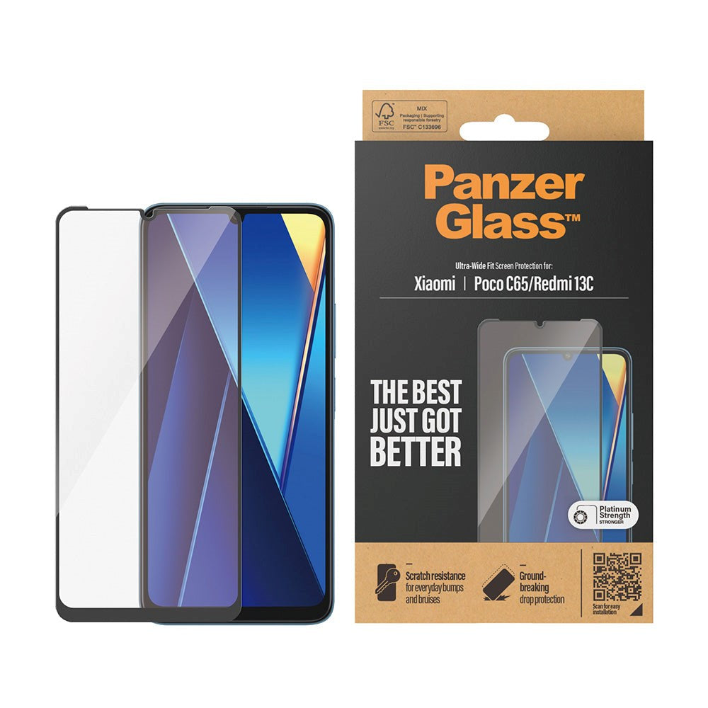 Xiaomi Poco C65 / Redmi 13C PanzerGlass Ultra Wide Fit skjermbeskytter - platinastyrke - svart kant