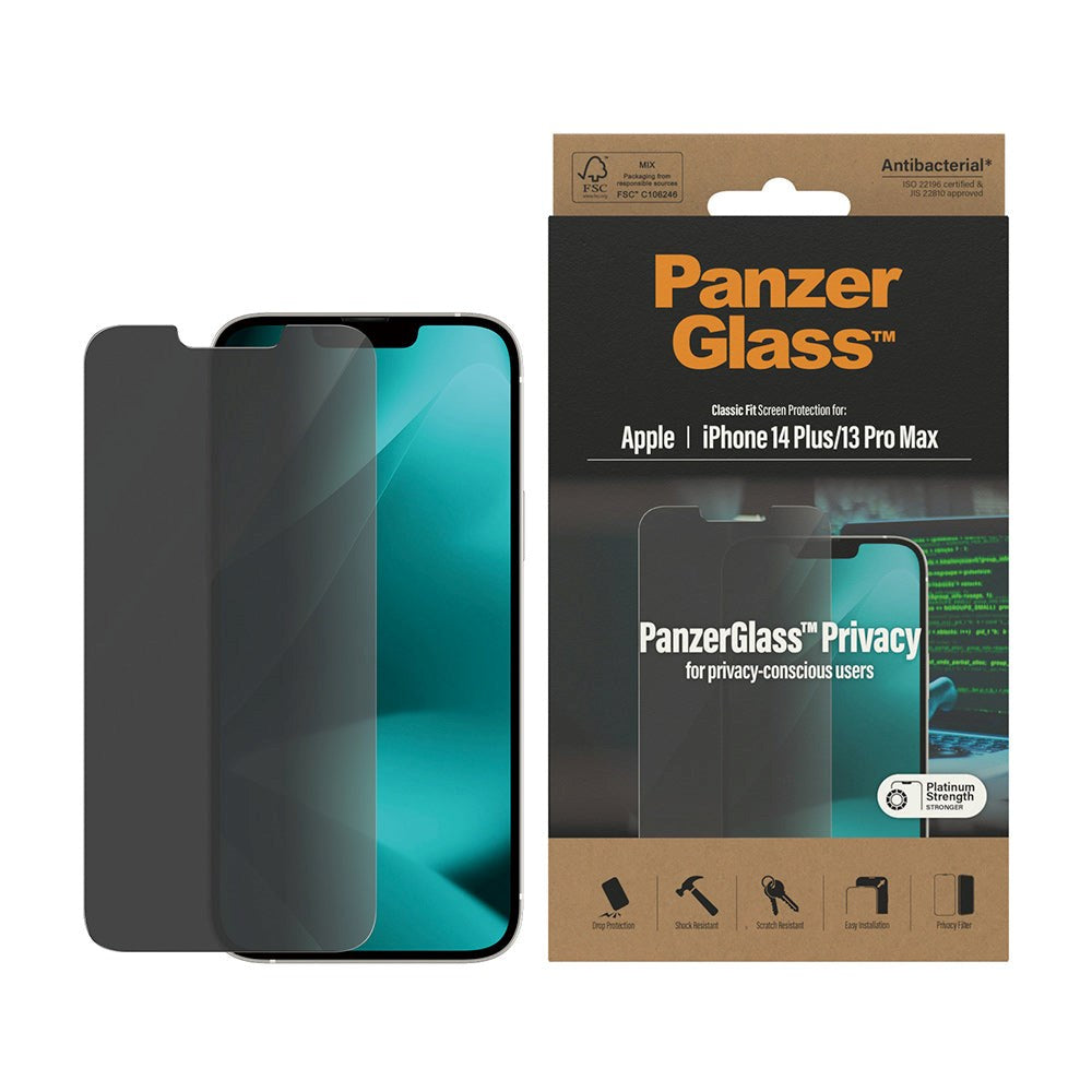 iPhone 14 Plus / 13 Pro Max PanzerGlass AntiBacterial Classic Fit skjermbeskytter - Personvernfilter - Platinanivå - Gjennomsiktig