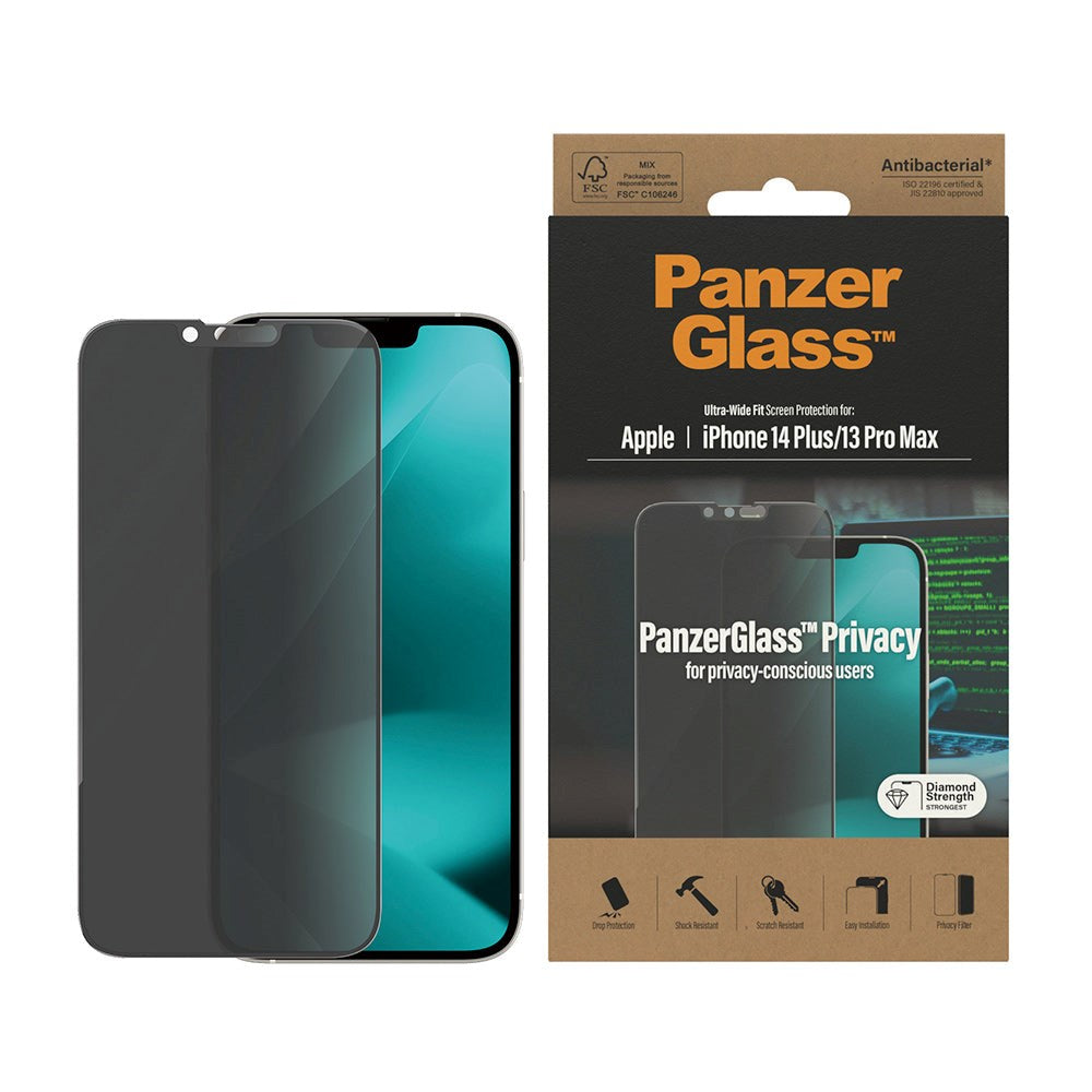 iPhone 14 Plus / 13 Pro Max Pro PanzerGlass AntiBacterial Ultra Wide Fit Skærmbeskyttelsesglas - Privacy - Diamond Strength - Gennemsigtig