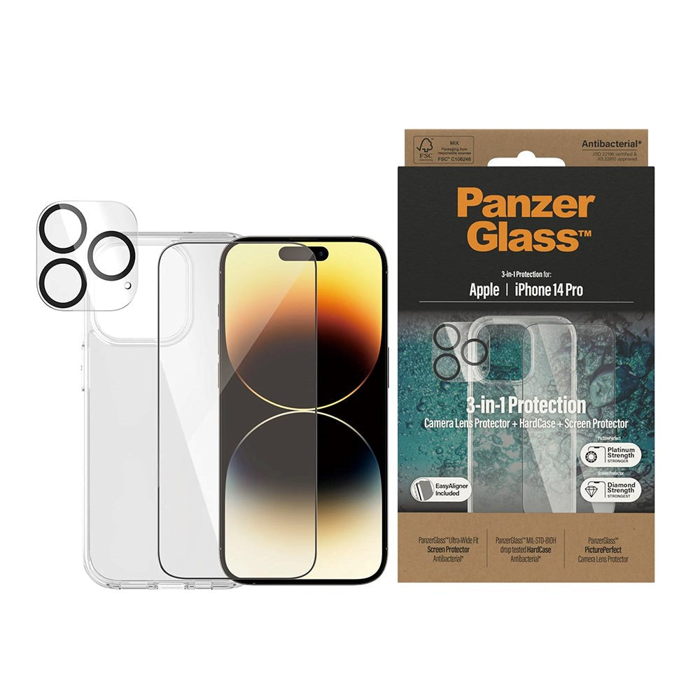 iPhone 14 Pro PanzerGlass 3-i-1-pakke m. EasyAligner - Skjermbeskytter (UWF) / Bakdeksel / Kamerabeskyttelse - Gjennomsiktig