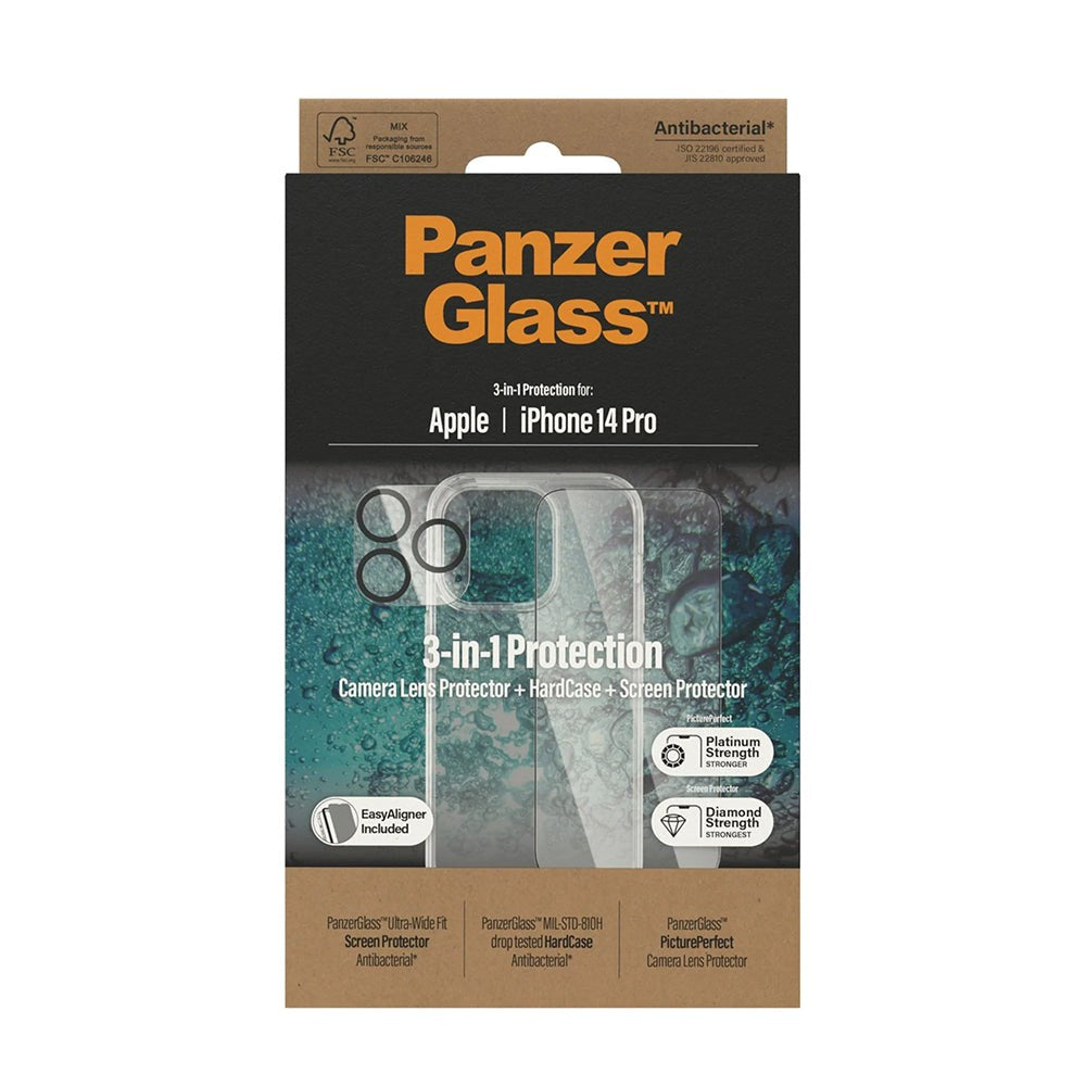 iPhone 14 Pro PanzerGlass 3-i-1-pakke m. EasyAligner - Skjermbeskytter (UWF) / Bakdeksel / Kamerabeskyttelse - Gjennomsiktig