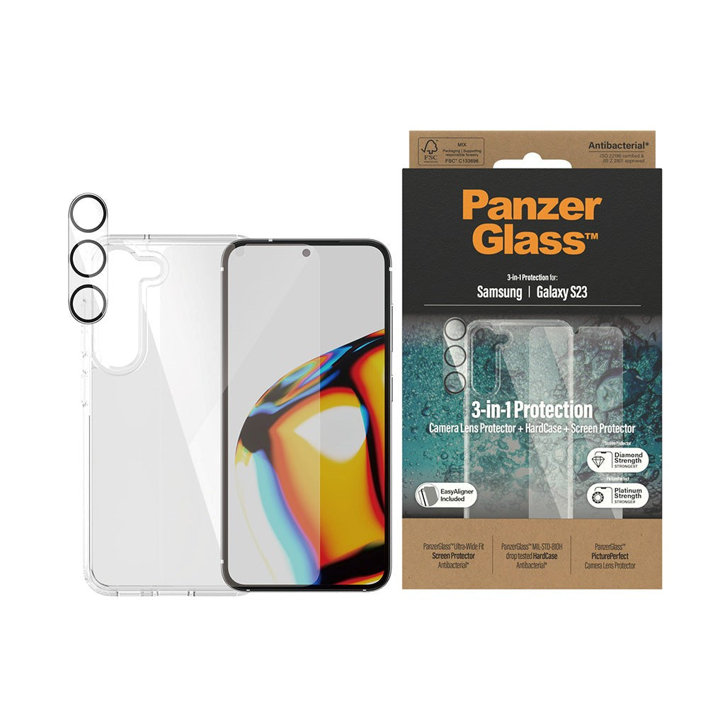 Samsung Galaxy S23 PanzerGlass 3-i-1-pakke m. EasyAligner - Skjermbeskytter (UWF) / Bakdeksel / Kamerabeskyttelse - Gjennomsiktig