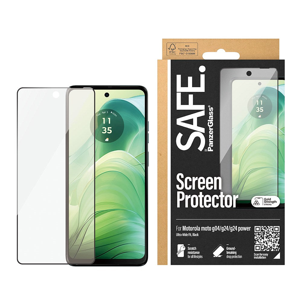 Motorola Moto G04 / G24 / G24 Power Safe By PanzerGlass® Ultra-Wide Fit Screen Protector Glass - Veskevennlig - Gullstyrke - Sort kant