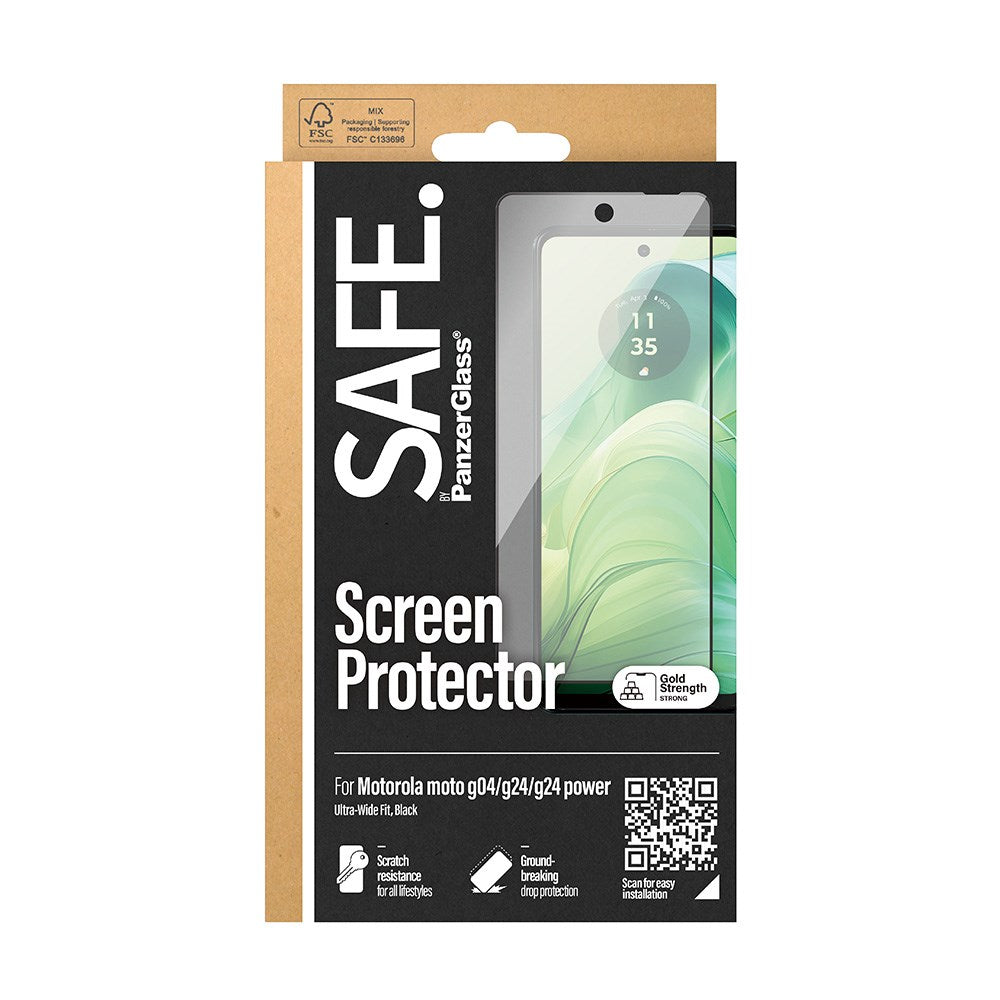 Motorola Moto G04 / G24 / G24 Power Safe By PanzerGlass® Ultra-Wide Fit Screen Protector Glass - Veskevennlig - Gullstyrke - Sort kant