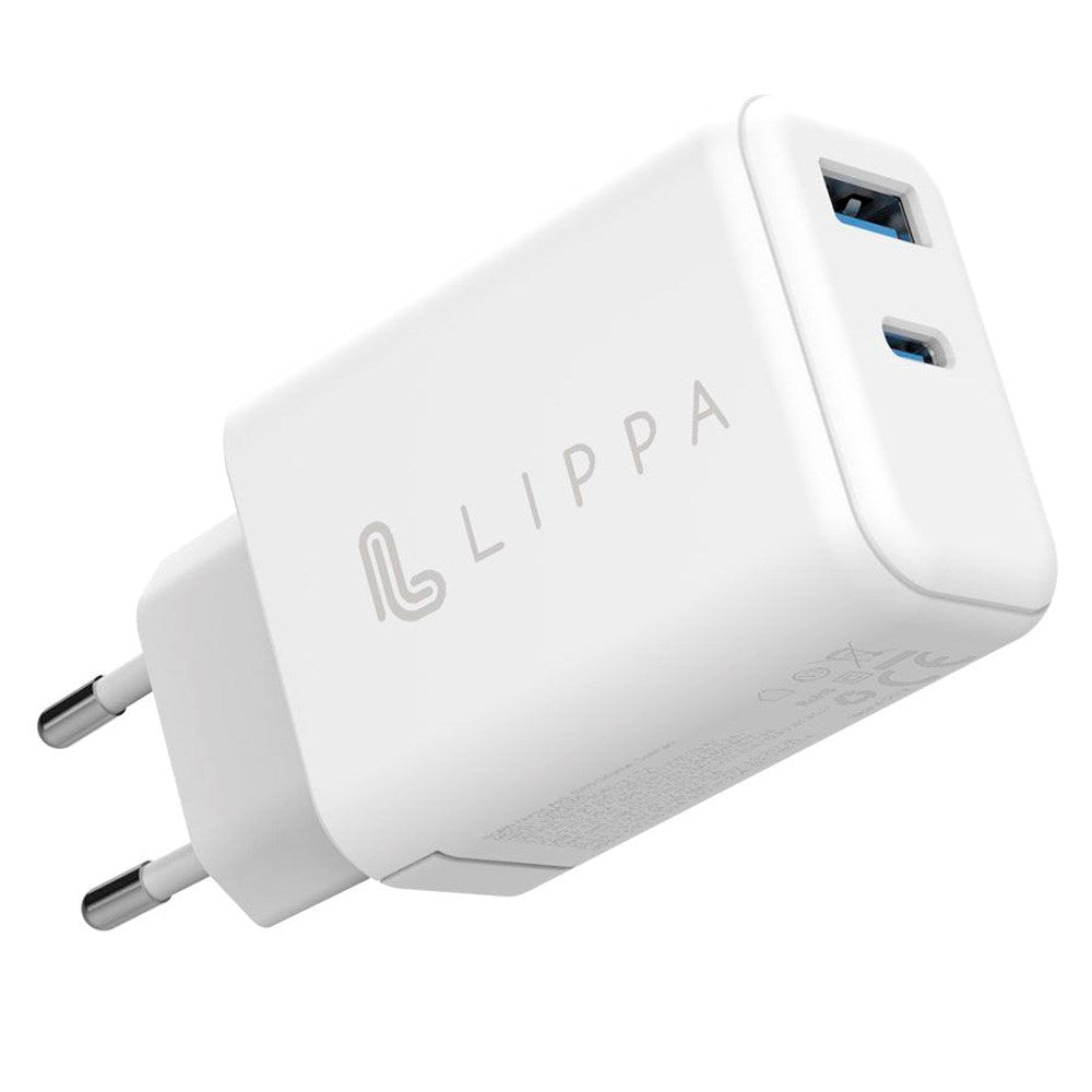 Lippa PD 65W Vegglader GaN m. 1 x USB-C og 1 x USB-A - Hvit