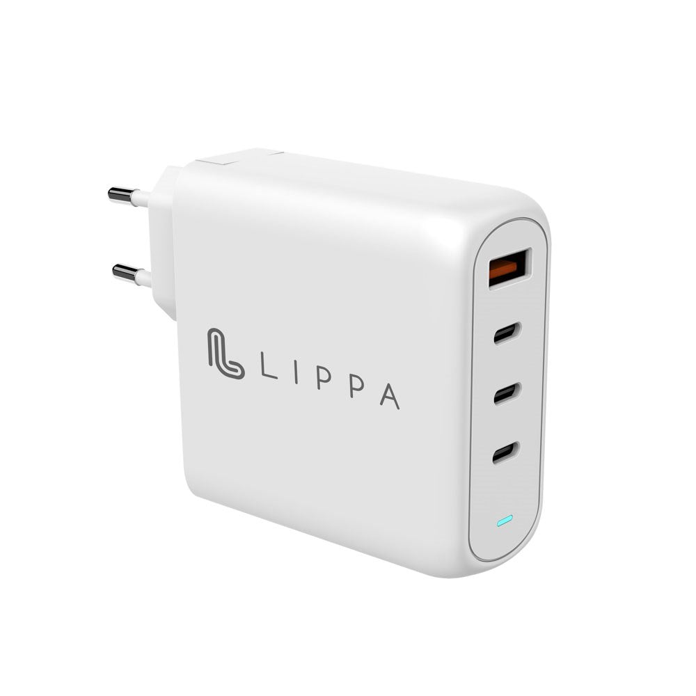 Lippa PD 100W Vegglader GaN m. 3 x USB-C & 1 x USB-A - Hvit