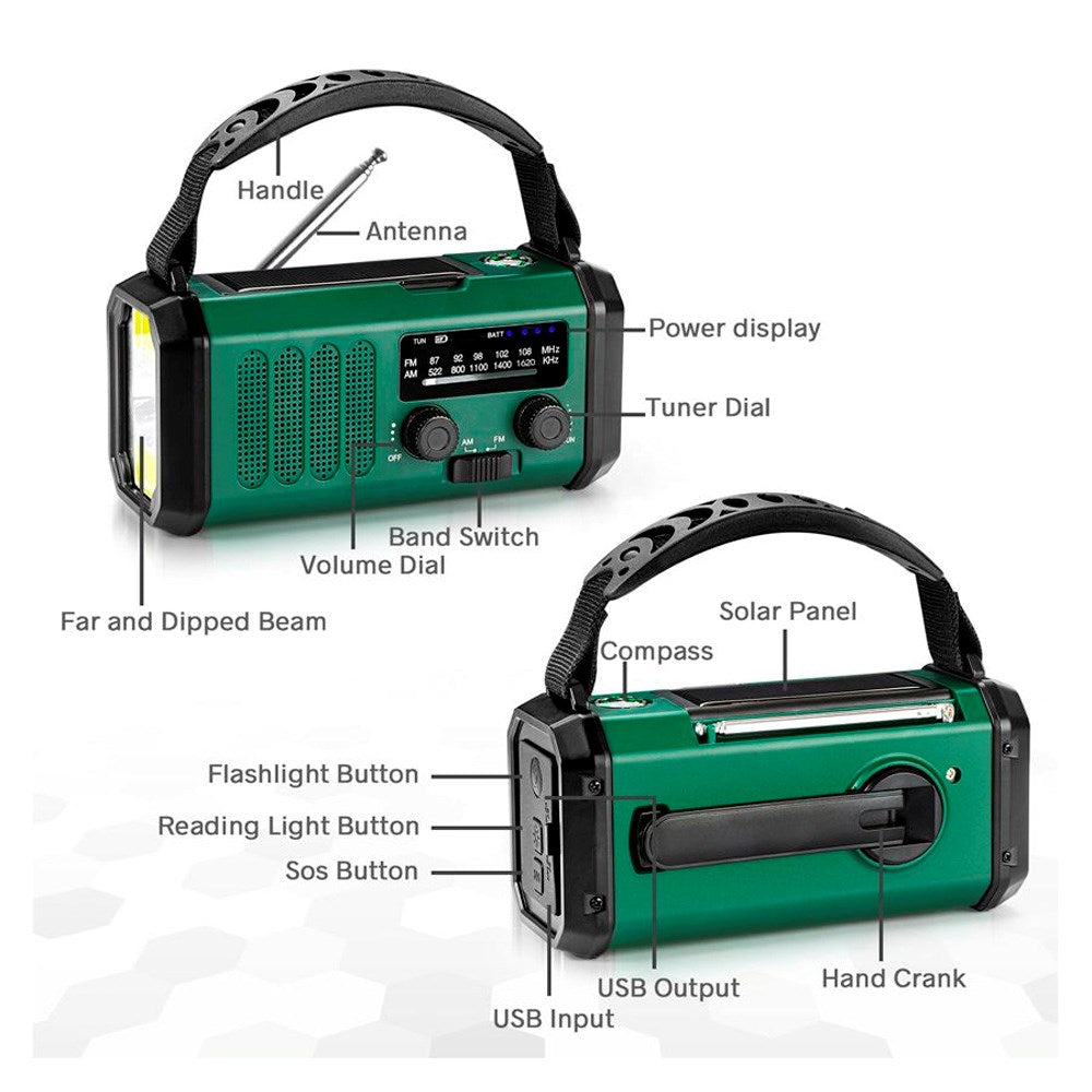 Nødradio Lippa FM - håndsveiv, solcellepanel, kompass, 10 000 mAh Powerbank - Grønn
