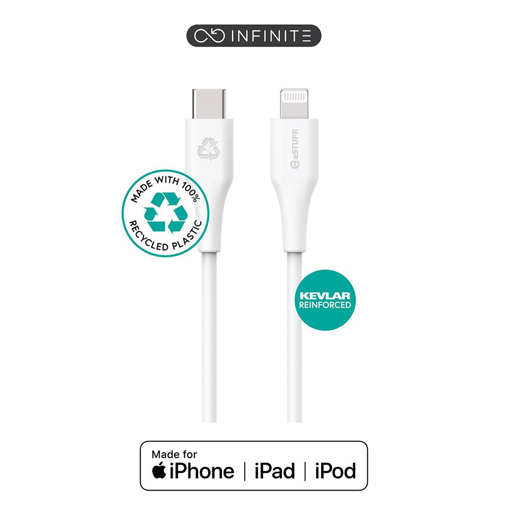 eSTUFF INFINITE MFI 3 m USB-C til Lightning-kabel - 12W - 100 % resirkulert plast - Hvit