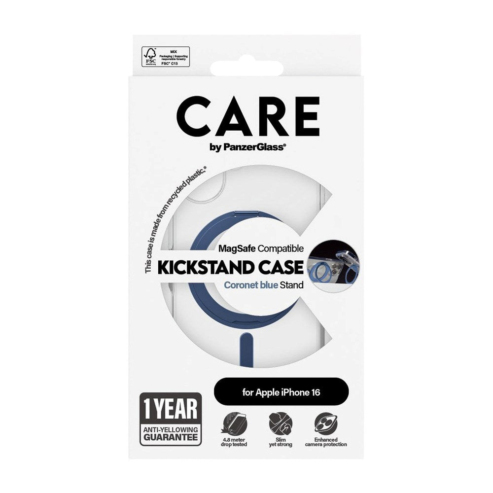 CARE by PanzerGlass iPhone 16 Feature Kickstand Cover - MagSafe-kompatibel - Gjennomsiktig / Coronet Blue