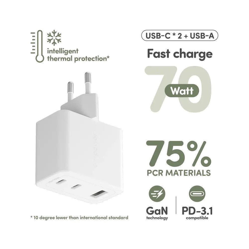 empower by PanzerGlass Turbo Vægoplader - 1x USB-A & 2x USB-C - 70W - Silver White