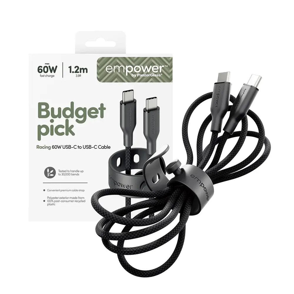 empower by PanzerGlass Racing 1.2m / 60W USB-C til USB-C Kabel - Space Black