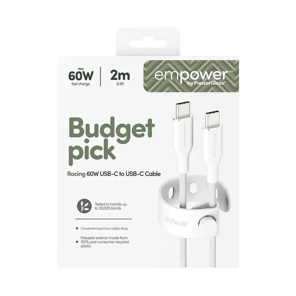empower by PanzerGlass Racing 2m / 60W USB-C til USB-C Kabel - Silver White