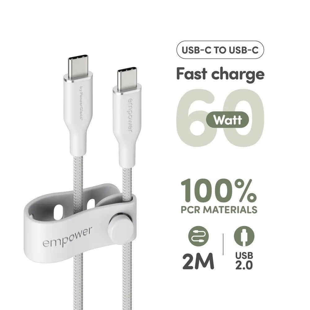 empower by PanzerGlass Racing 2m / 60W USB-C til USB-C Kabel - Silver White