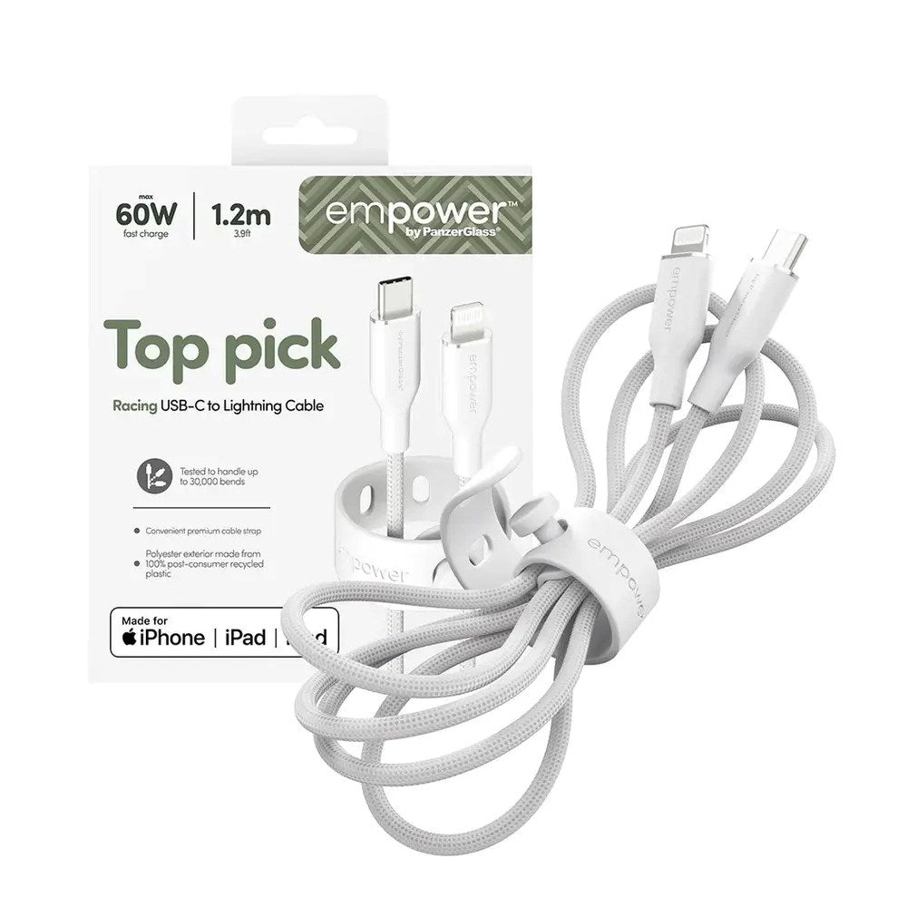 empower by PanzerGlass Racing 1.2m / 60W USB-C til Lightning Kabel - Silver White
