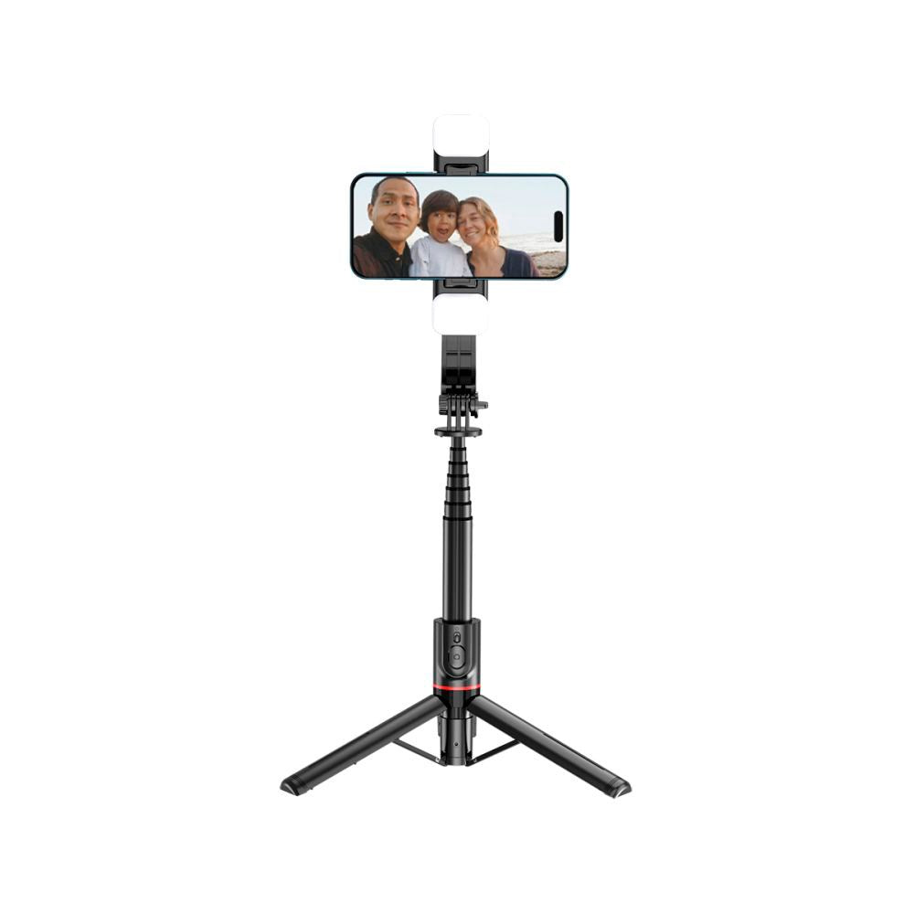 L05S Tech-Protect Selfie-pinne m. Stativ & Led Lys - Bluetooth - Svart