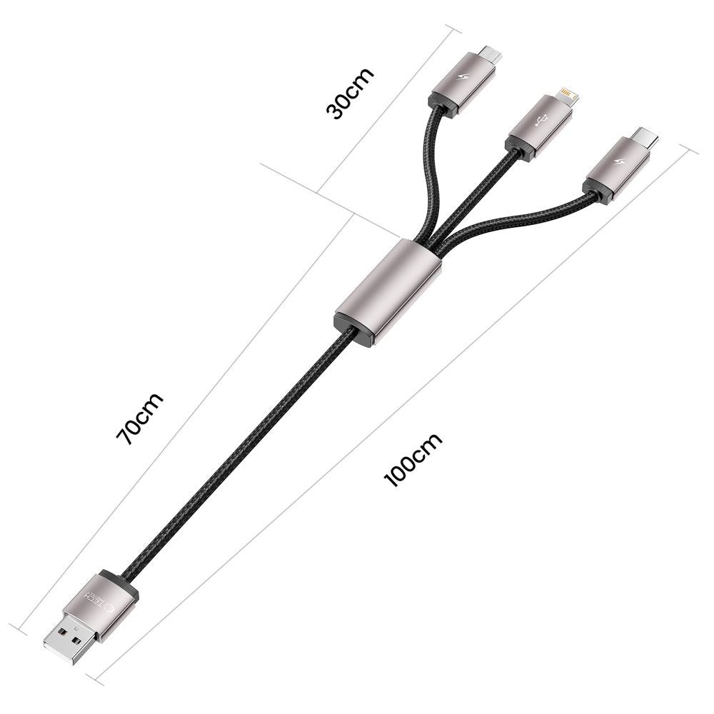 Tech-Protect Ultraboost 3-i-1 Lightning / USB-C / Micro-USB 3.5A-kabel - 1 m. - Grå