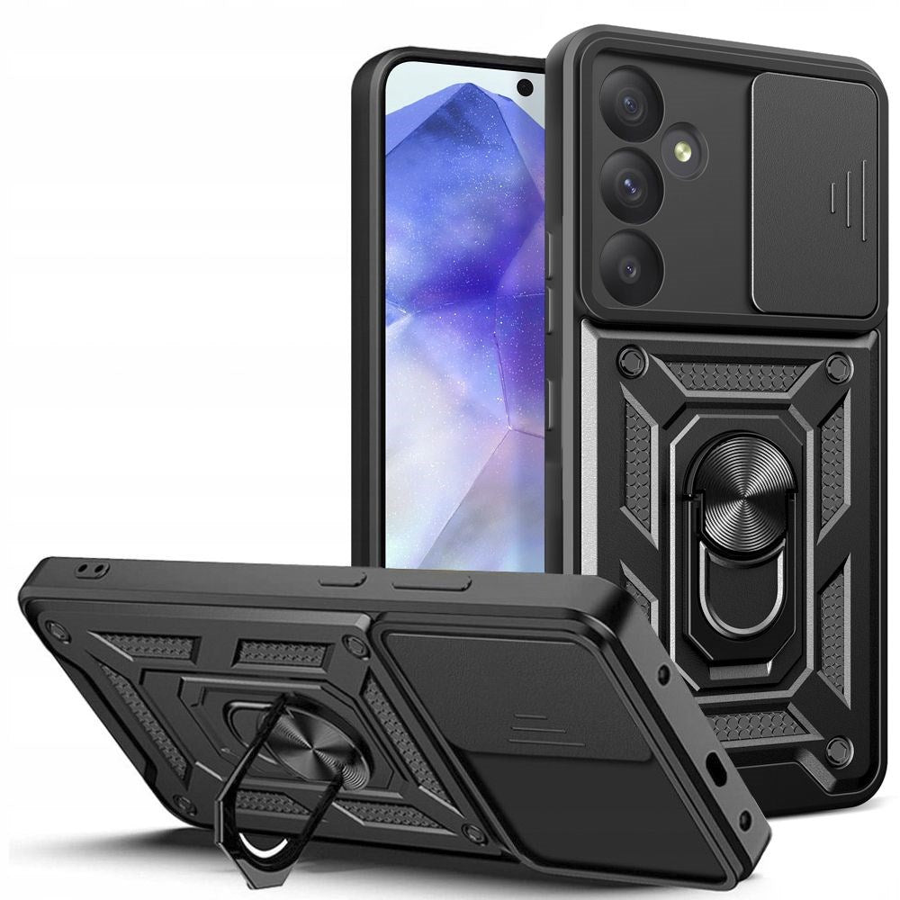 Samsung Galaxy A55 (5G) Tech-Protect Camshield-deksel m. Magnetisk fingerring og stativfunksjon - svart