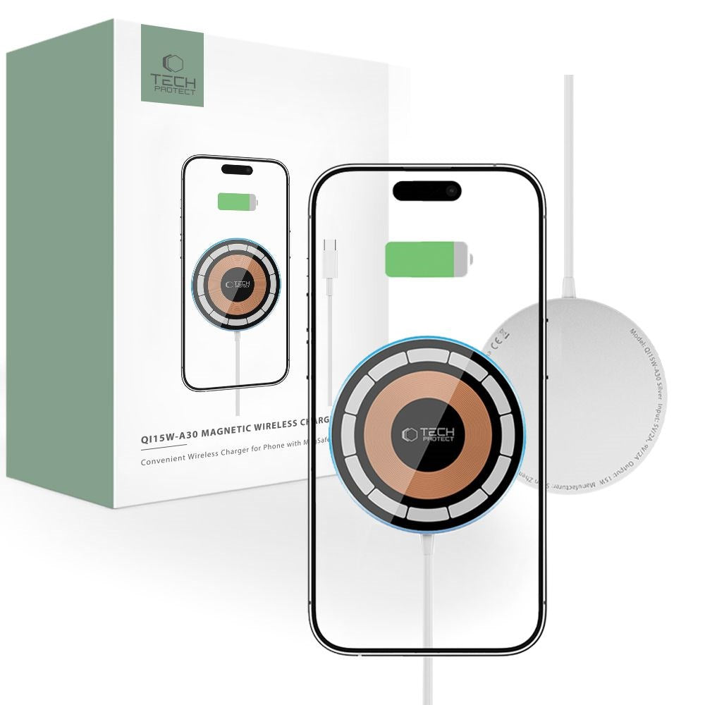 Tech-Protect QI-15W-A30 trådløs lader - MagSafe-kompatibel - Hvit