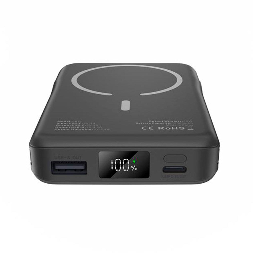 Tech-Protect LifeMag 10 000 mAh PowerBank med integrert USB-C og Lightning-kabel og USB-A og USB-C-kontakter - MagSafe-kompatibel - Svart