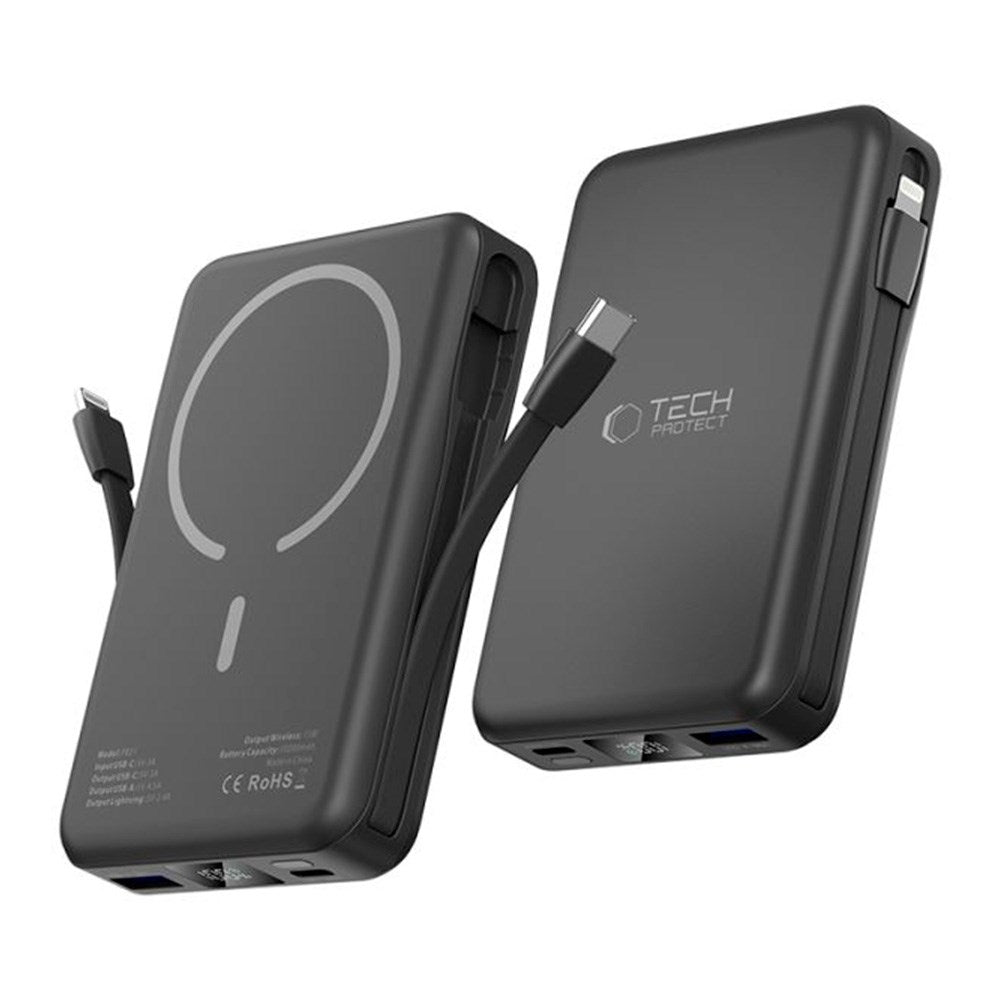 Tech-Protect LifeMag 10 000 mAh PowerBank med integrert USB-C og Lightning-kabel og USB-A og USB-C-kontakter - MagSafe-kompatibel - Svart
