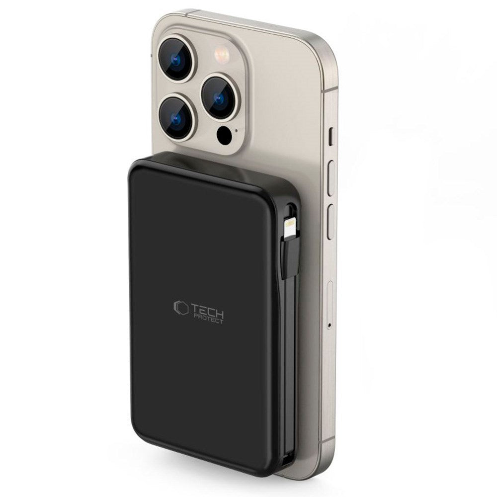 Tech-Protect LifeMag 10 000 mAh PowerBank med integrert USB-C og Lightning-kabel og USB-A og USB-C-kontakter - MagSafe-kompatibel - Svart