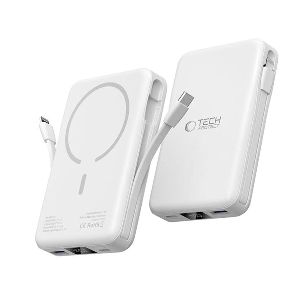 Tech-Protect LifeMag 10 000 mAh PowerBank med integrert USB-C og Lightning-kabel og USB-A og USB-C-kontakter - MagSafe-kompatibel - Hvit