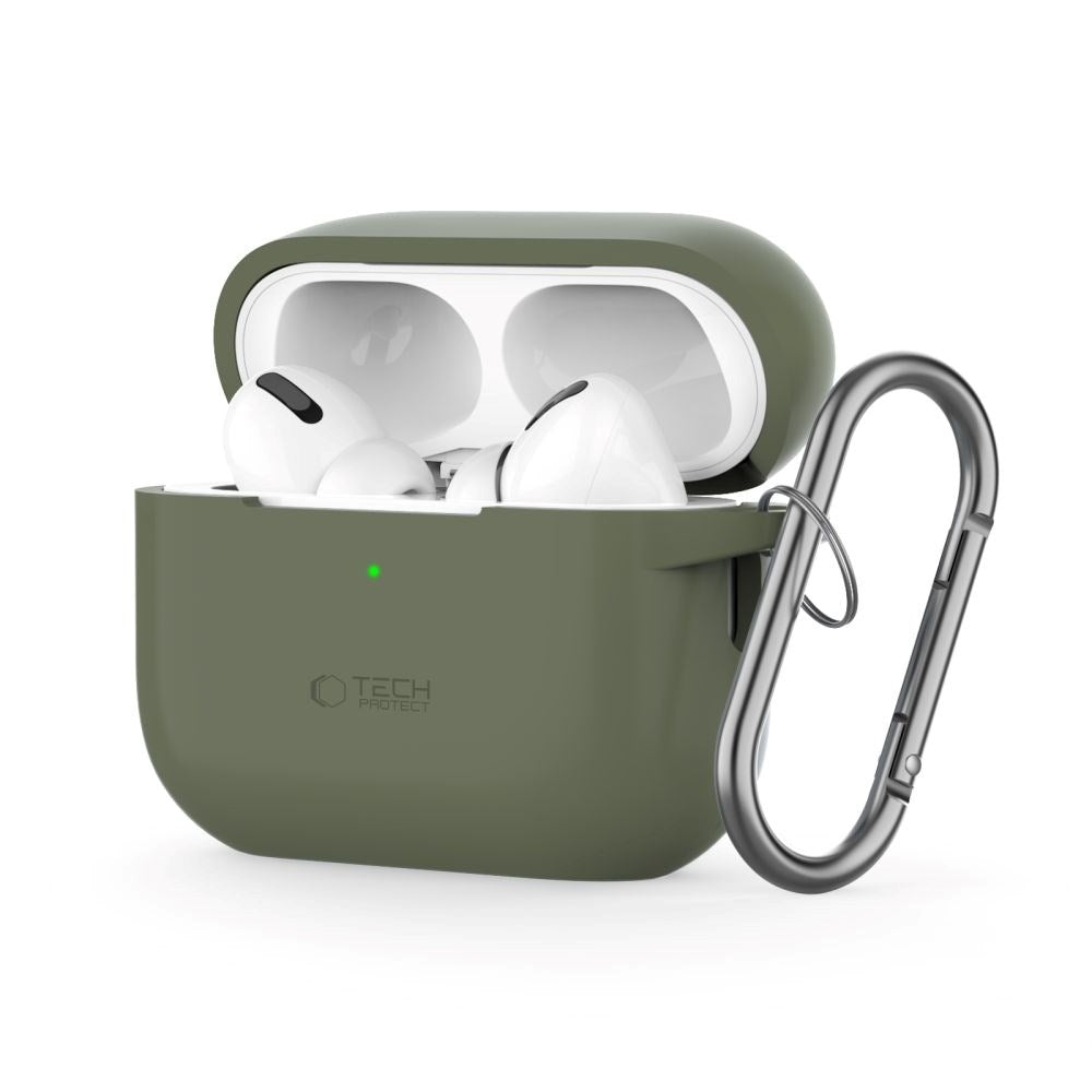 Tech-Protect Apple AirPods Pro (1. og 2. generasjon) silikondeksel m. Karabinkrok - Olivengrønn