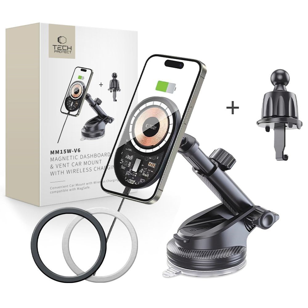 Tech-Protect Magnetisk Mobilholder til Bil - Inkl. USB-C til USB-C Kabel - Trådløs Opladning - MagSafe Kompatibel - Sort