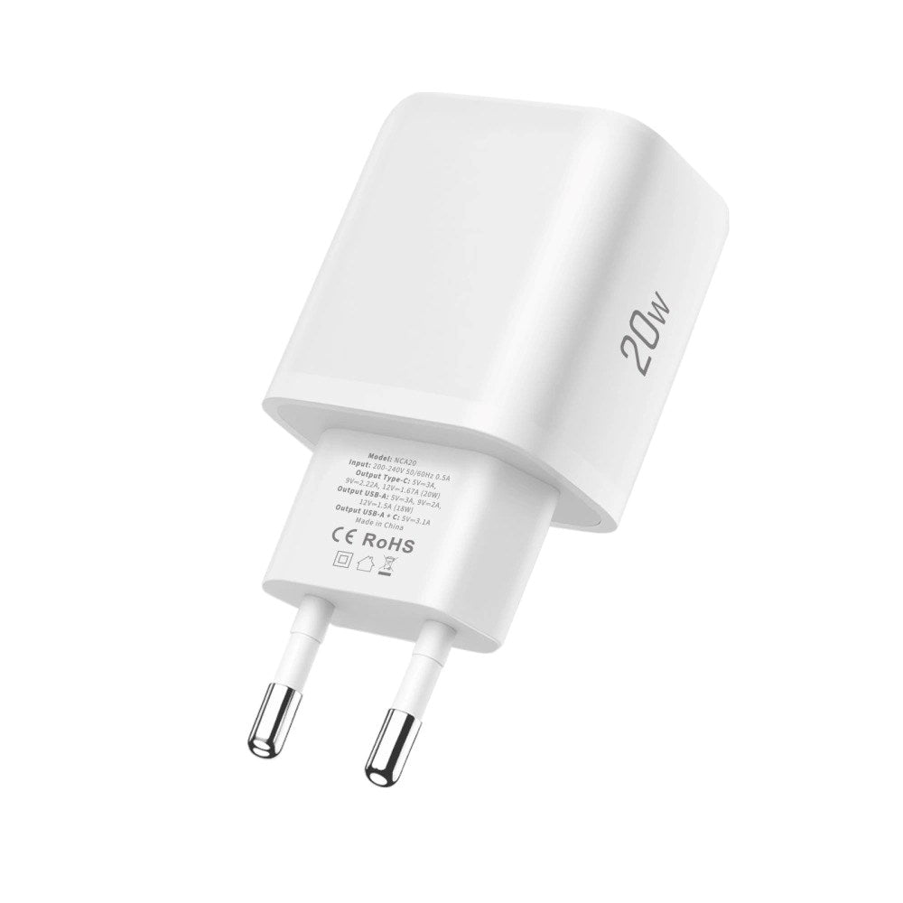 Tech-Protect Vægoplader m. 20W - 1 x USB-A (QC) & 1 x USB-C (PD) - Hvid