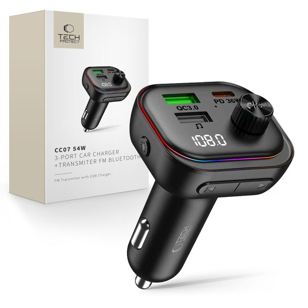 Tech-Protect Biloplader / FM Bluetooth Transmitter - USB-A & USB-C - Sort