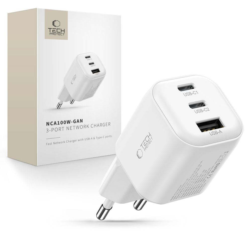 Tech-Protect 100W Vægoplader m. 1 x USB-A & 2 x USB-C - Hvid