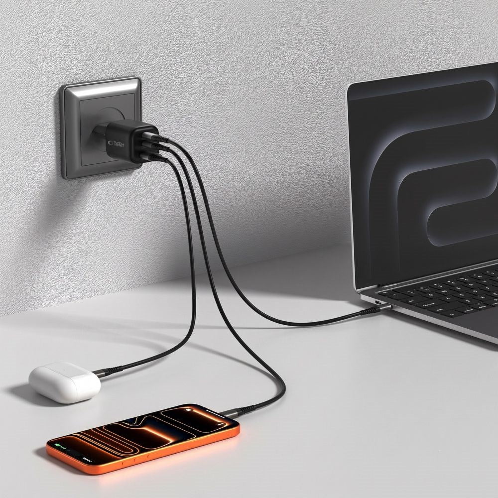 Tech-Protect 100W Vægoplader m. 1 x USB-A & 2 x USB-C - Sort