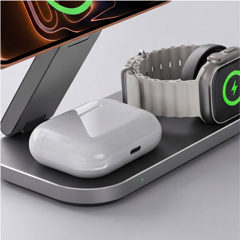 Tech-Protect A52 3-in-1 25W Trådløs Oplader: Smartphone & Smartwatch & Høretelefoner - MagSafe / Qi2 Kompatibel - Mørkegrå