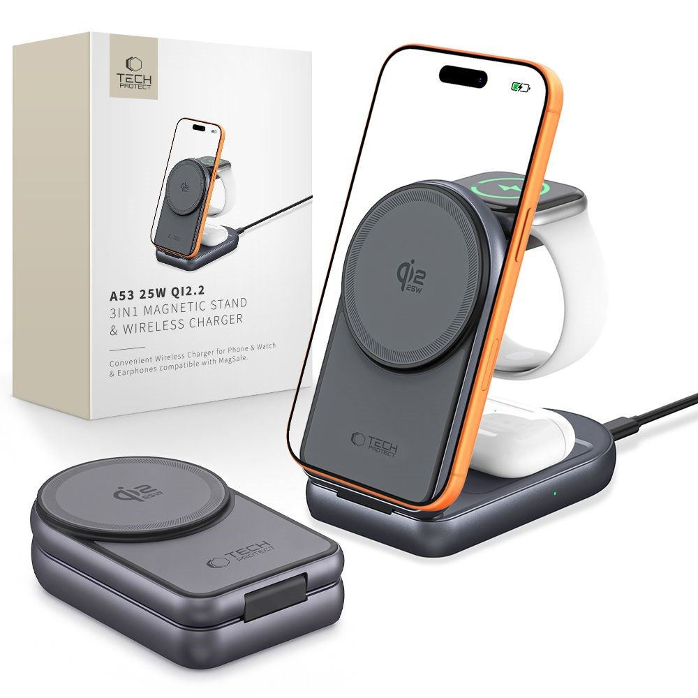 Tech-Protect A53 3-in-1 25W Trådløs Oplader til Smartphone + Smartwatch + Høretelefoner - MagSafe / Qi2 Kompatibel - Mørkegrå