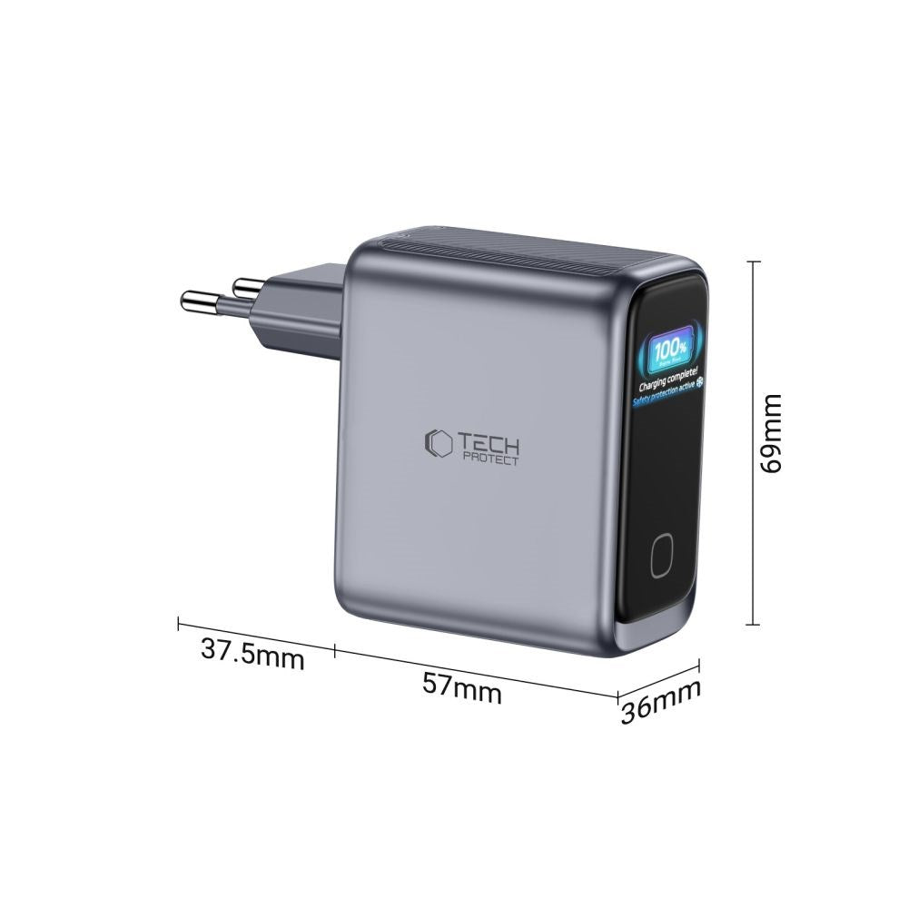 Tech-Protect 3-i-1 Hurtig Vægoplader 100W m. 1x USB-A og 2x USB-C PowerVision NC100W-GaN - Grå