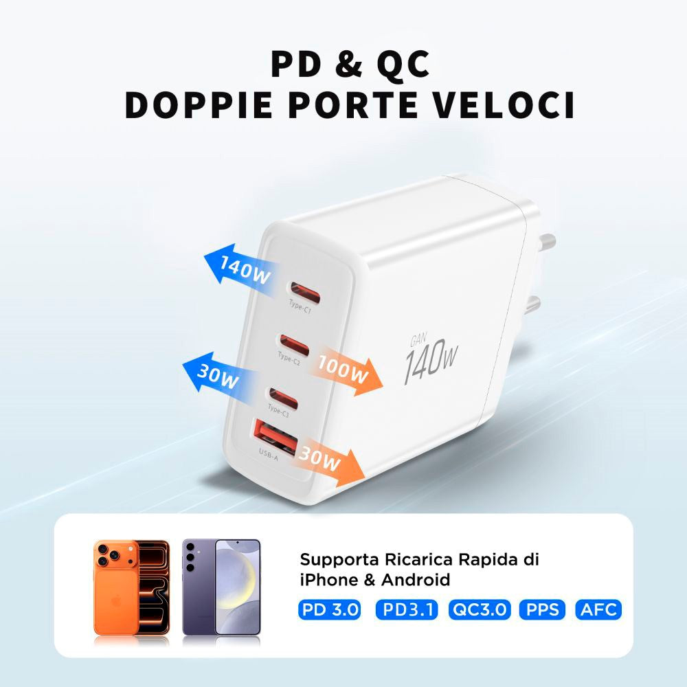 Tech-Protect Vægoplader m. 1 x USB-A & 3 x USB-C - 140W - Hvid