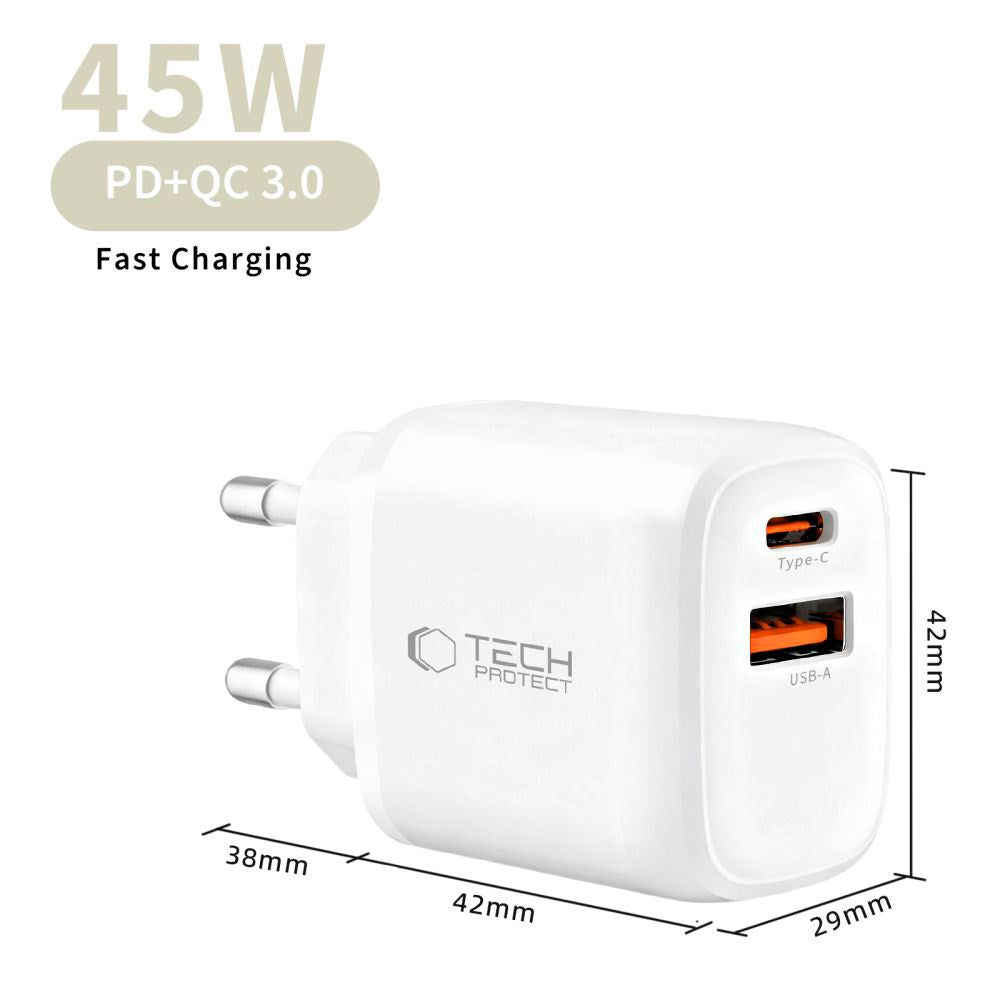 Tech-Protect Vægoplader - Lightning Kabel - 1 x USB-C & 1 x USB-A - 45W - Hvid