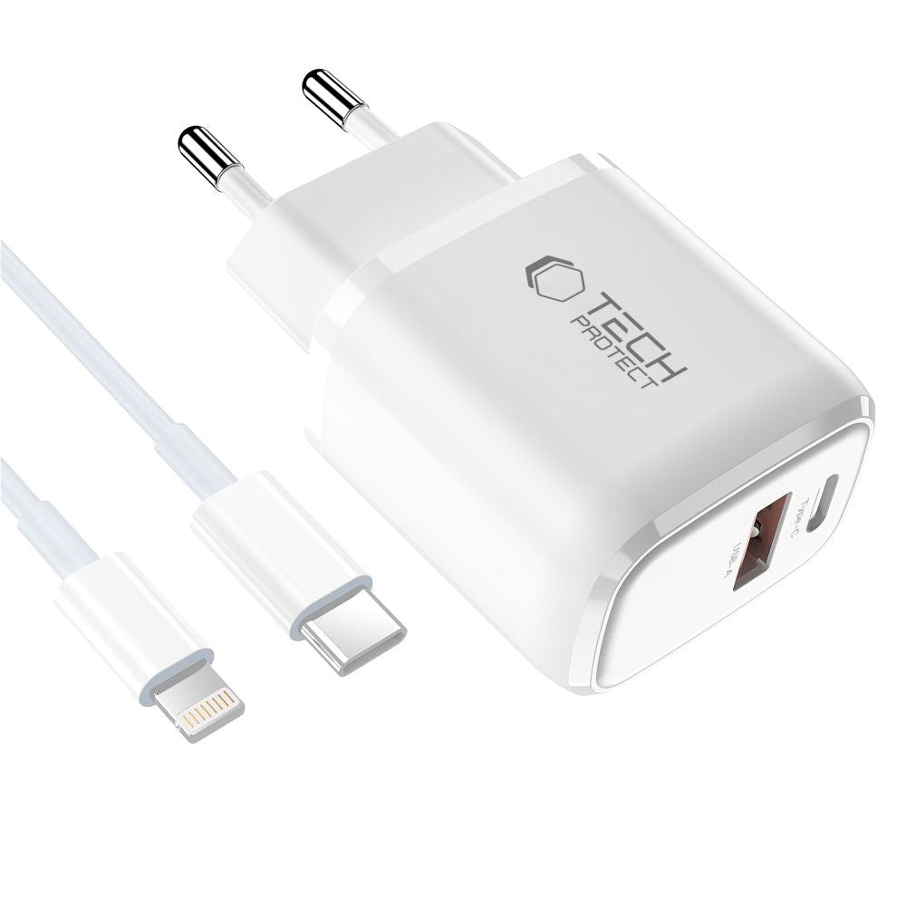 Tech-Protect Vægoplader - Lightning Kabel - 1 x USB-C & 1 x USB-A - 45W - Hvid