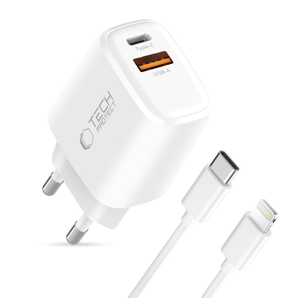 Tech-Protect Vægoplader - Lightning Kabel - 1 x USB-C & 1 x USB-A - 45W - Hvid