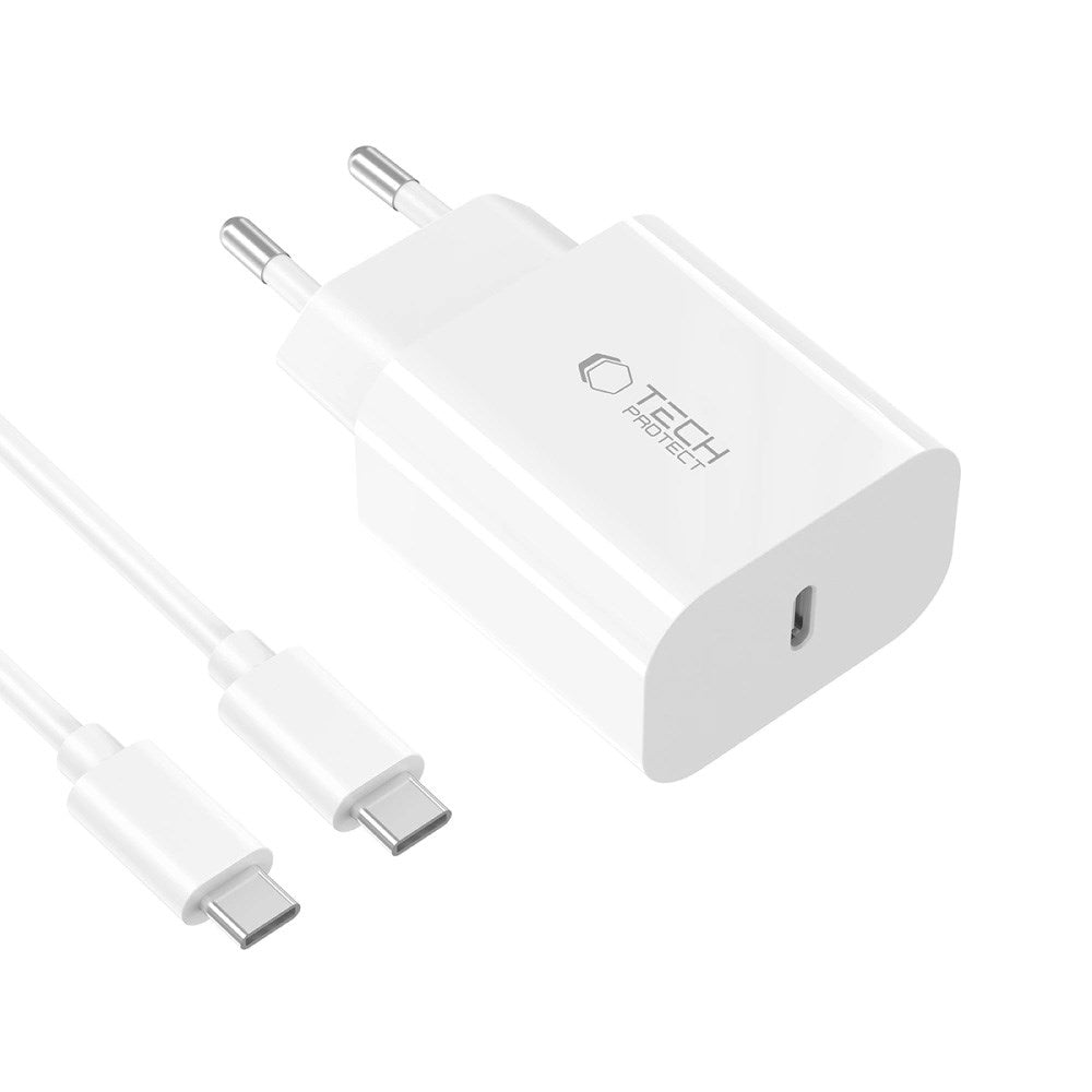 Tech-Protect - 20W Vægoplader m. 1 x USB-C Kabel - Hvid