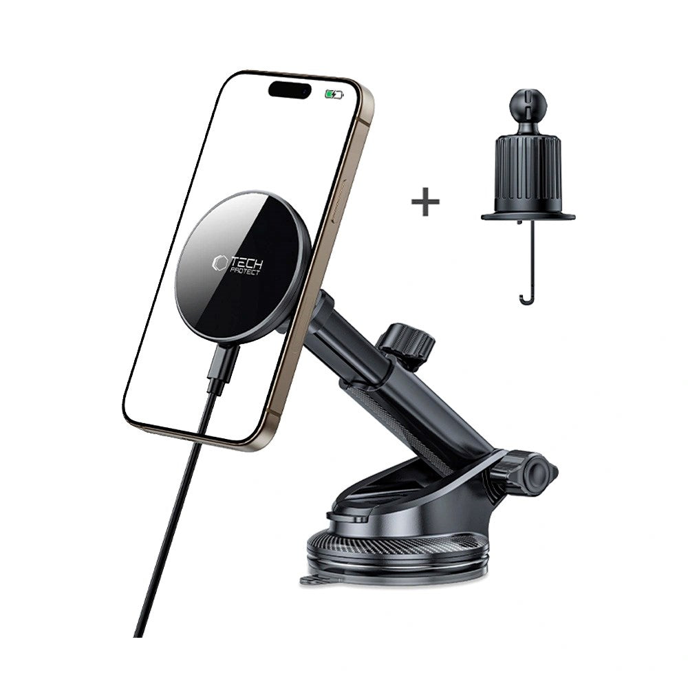 Tech-Protect - 15W Magnetisk Trådløs Oplader til Bil - Dashboard & Ventilation - MagSafe Kompatibel - Sort
