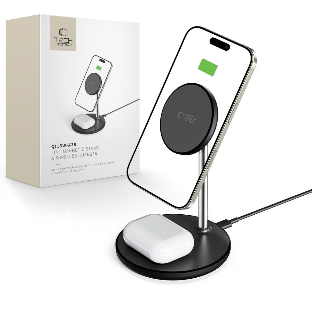 Tech-Protect Qi15W-A39 2in1 MagSafe trådløs lader - svart