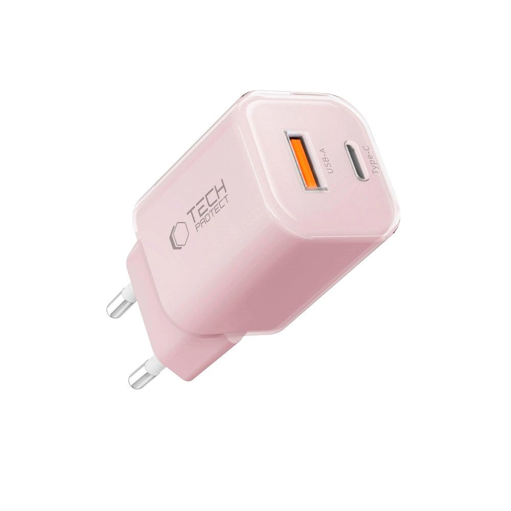 Tech-Protect 33W Vægoplader - 1x USB-A / 1x USB-C - Lyserød
