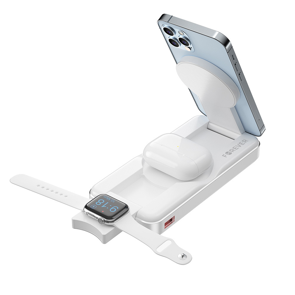 3-i-1 magnetisk trådløs PowerBank - Forever MATB-300 - 10 000 mAh - MagSafe-kompatibel - Hvit