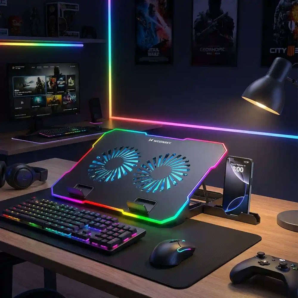 Wozinsky NitroCool Computer Stander - RGB-Lys - Køle-Effekt - Sort