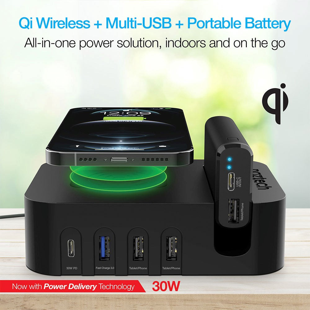 Naztech Docking Station 65W m. Trådløs Oplader, 3 x USB-A, 1 x USB-C, 1 x 4000mAh Powerbank & 20W Vægoplader - Sort