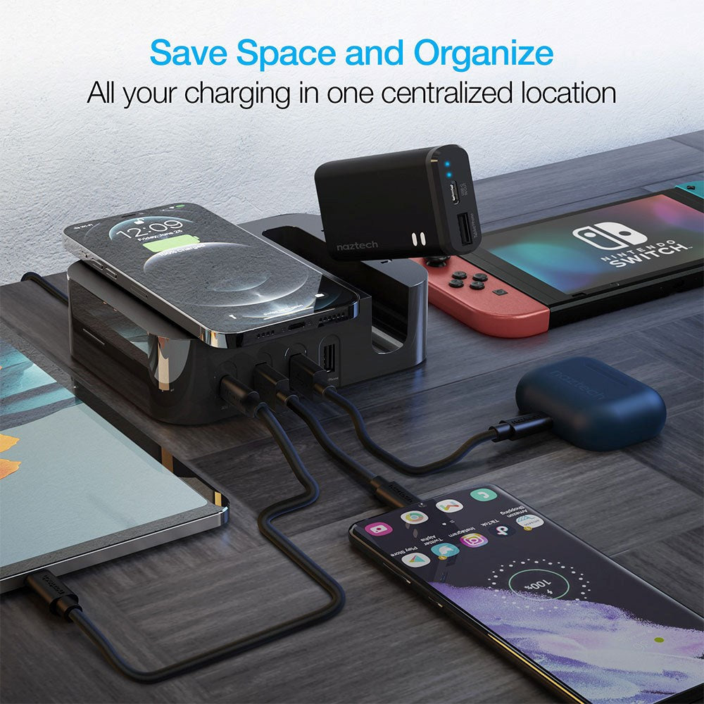 Naztech Docking Station 65W m. Trådløs Oplader, 3 x USB-A, 1 x USB-C, 1 x 4000mAh Powerbank & 20W Vægoplader - Sort